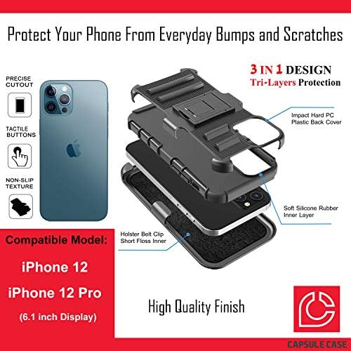 מארז Ohiya תואם ל- iPhone 12 Pro [הגנה על כיתה צבאית חסרת זעזועים כבד עמדות קיקסטנד נרתיק מגן על כיסוי מארז שחור] לאייפון 12 6.1 אינץ